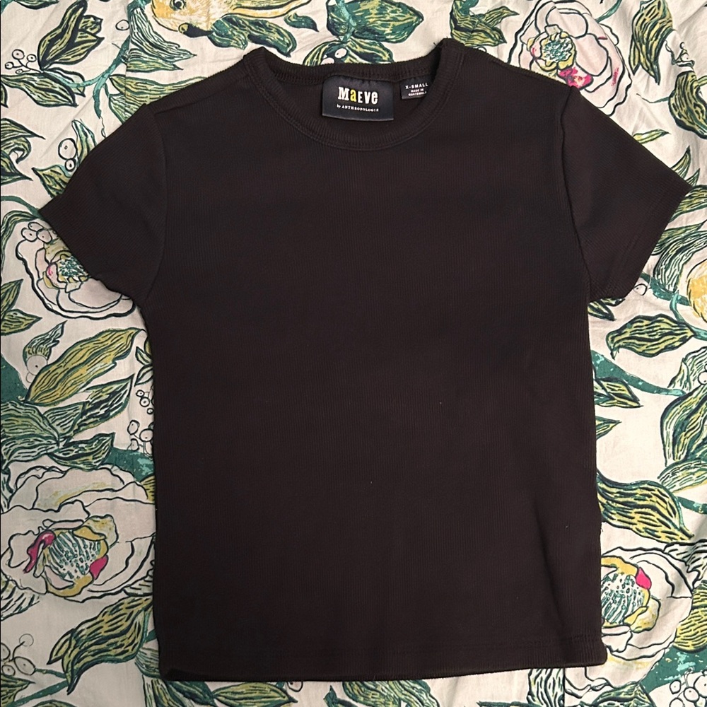 Maeve by Anthropologie - Black Ribbed Crewneck Crop Tee - Size XS XSmall